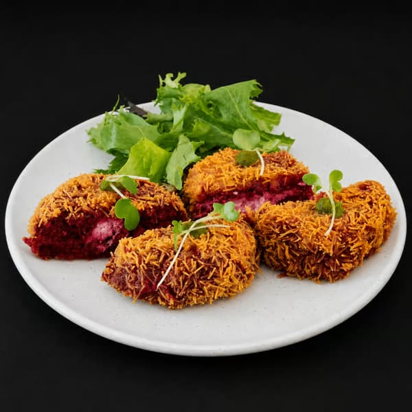 Four crispy, golden-brown croquettes with a vibrant red interior, garnished with microgreens and lettuce.