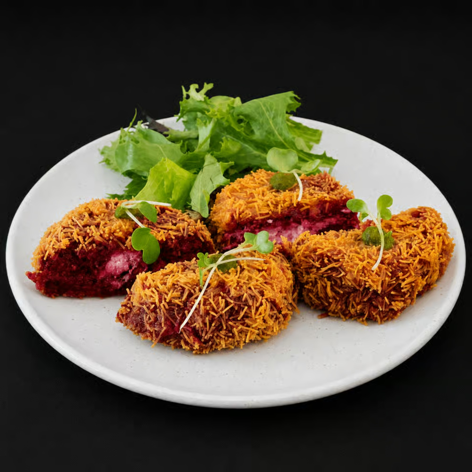 Four crispy, golden-brown croquettes with a vibrant red interior, garnished with microgreens and lettuce.